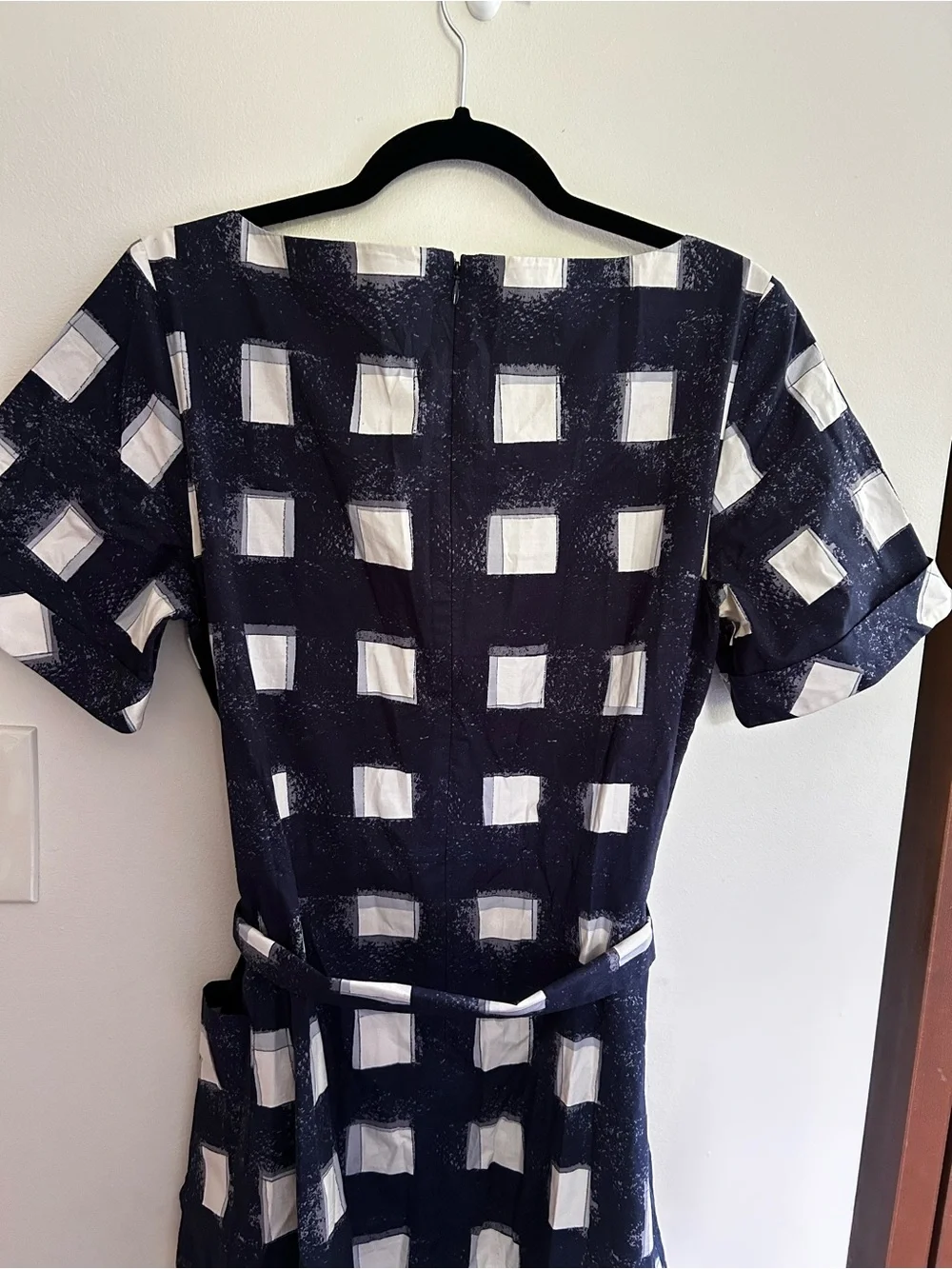 Tory Burch Navy and White Square-Print Short Sleeve Belted Dress Size 12